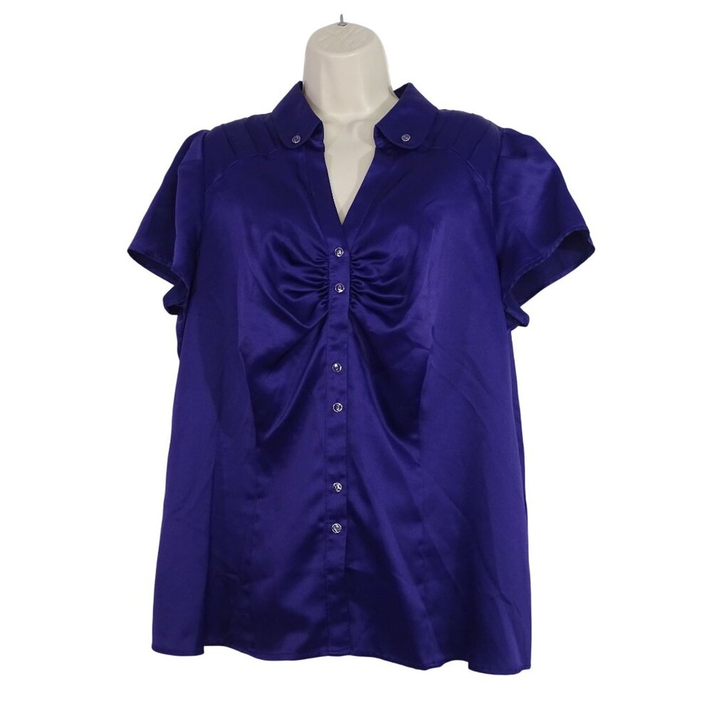 Worthington Purple Satin Blouse Ruched Button Up Woman Size 1X Short Sleeve
